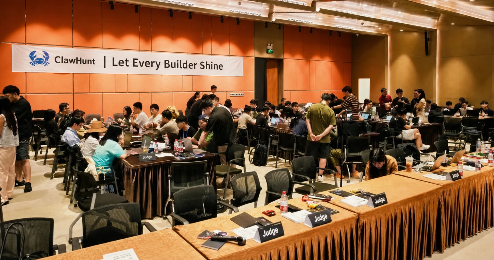 图片展示的是100 Builders全球72h百人黑客松活动现场。画面中,众多开发者围坐在长桌旁,专注地进行项目开发。背景墙上悬挂着“让每一位Builder发光被看见”的横幅,营造出浓厚的创新氛围。现场桌面上摆放着各种开发工具和设备,部分参与者还配有笔记本电脑。此图与上下文紧密相关,直观呈现了活动的热烈场景,体现了开发者们在比赛中的努力与热情。