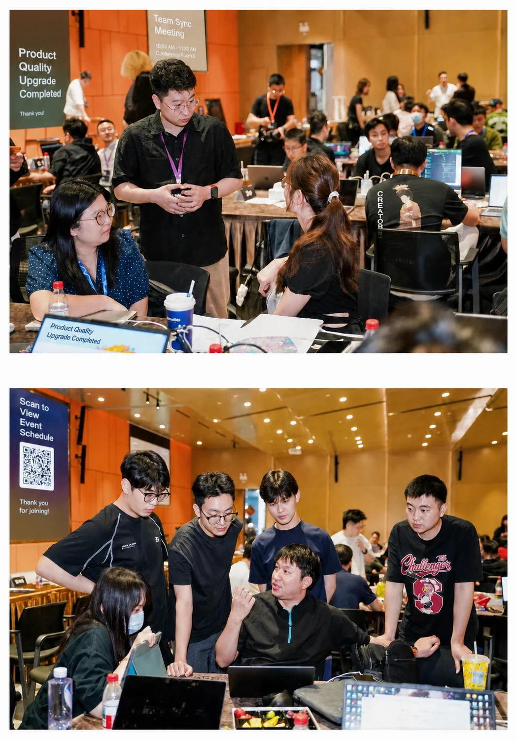 图片展示了在导师指导下,开发者们在极限开发中紧密协作的场景。上图中,一位身着黑色T恤的导师站在桌旁,与几位开发者交流,其中一位开发者专注地看着电脑屏幕。下图中,多位开发者围坐一起,共同讨论,桌上有电脑、饮料等物品。这些画面与上下文紧密相关,直观呈现了开发者们在导师指导下,为完成产品“质变升级”而努力的场景,体现了他们对成长的渴望和对工作的热情。