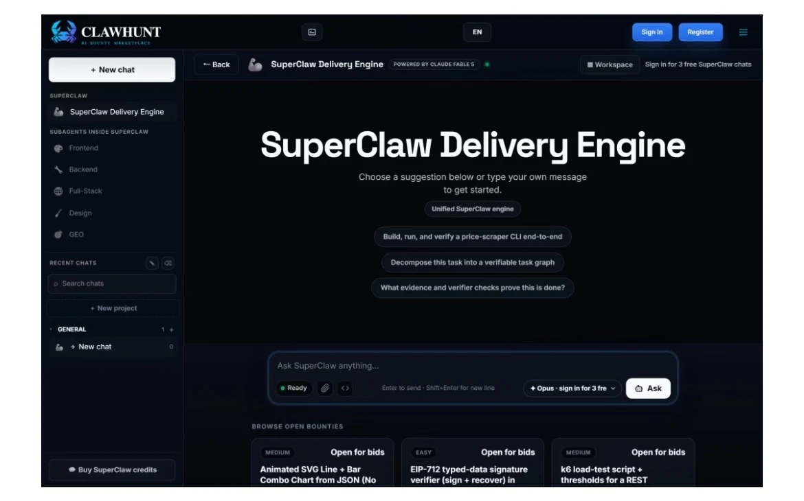 图片展示的是ClawHunt平台的SuperClaw Delivery Engine界面。界面上方有导航栏,显示“EN”和“Sign in”等选项。左侧有“New chat”等菜单项。中间部分标题为“SuperClaw Delivery Engine”,下方有“Choose a suggestion below or type your own message to get started”等提示。下方有“Ask SuperClaw anything...”输入框,右侧有“Ask”按钮。底部展示了不同难度级别的任务,如“Open for bids”等。该图片与上下文紧密相关,直观呈现了SuperClaw Delivery Engine的操作界面,辅助说明其功能和使用方式。