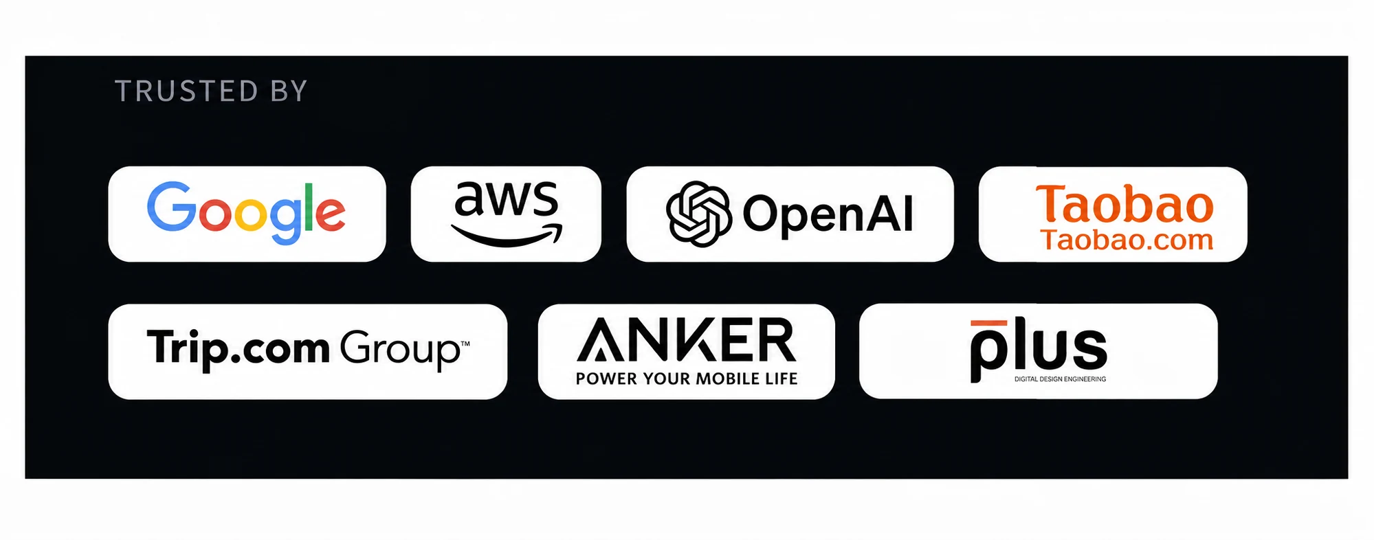 图片展示了已服务的行业标杆品牌,包括Google、AWS、OpenAI、淘宝网、Trip.com Group、ANKER、plus。这些品牌名称以白色字体呈现于黑色背景的白色矩形框内。图片位于介绍“合作商家:行业标杆已经在用”的段落中,用以直观呈现ClawHunt已服务的行业标杆品牌,强调其服务过的企业均为行业内的知名企业,体现其专业性和行业影响力。