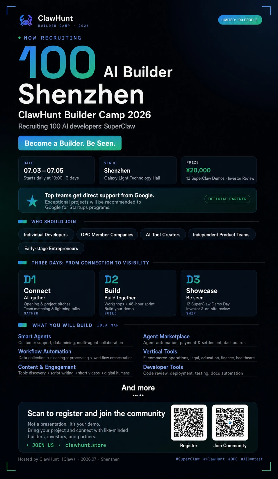 这张图片是ClawHunt Builder Camp 2026的活动宣传页,明确标注活动时间为2026年7月3日至5日,举办地点位于深圳龙华星河先锋科技展厅,活动限额招募100名AI开发者。宣传页提及该活动设置了200000元的奖金池,优胜团队将获得Google官方支持,还标注了个人开发者、早期创业者、AI工具作者等三类可参与的人群,同时展示了三天的活动流程框架,底部设有“扫码报名加入选手社群”的提示,搭配两个二维码用于报名通道与选手社群的加入操作。