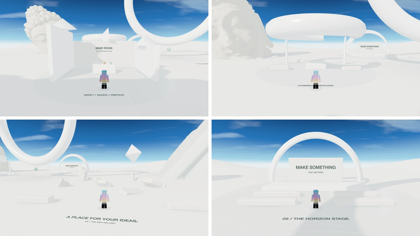 Four areas of The Unwritten: the Folded Atelier (MAKE ROOM.), the Common Ground, the Idea Gallery (A PLACE FOR YOUR IDEAS.) and the Horizon Stage (MAKE SOMETHING THAT MATTERS.)