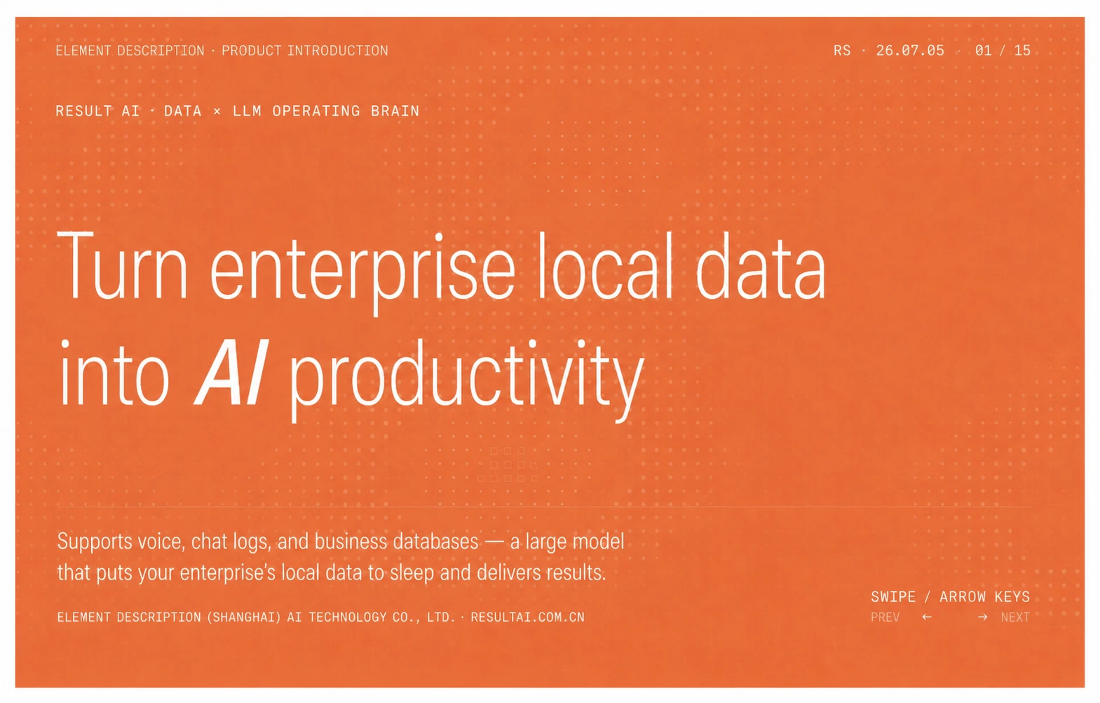 图片为Result AI的介绍幻灯片,背景为橙色,上方有“ELEMENT DESCRIPTION - PRODUCT INTRODUCTION”等信息。中间大字突出“Turn enterprise local data into AI productivity”,下方说明该产品支持语音、聊天记录和业务数据库,是一个大型模型,能将企业本地数据“唤醒”并交付成果。右下角有“SWIPE / ARROW KEYS”及“PREV”“NEXT”按钮。图片与上下文紧密相关,上下文介绍了Vitality Octopus作为企业销售和运营AI中枢,连接真实企业数据库,将本地数据转化为AI生产力,已成功运行于830家真实企业客户。