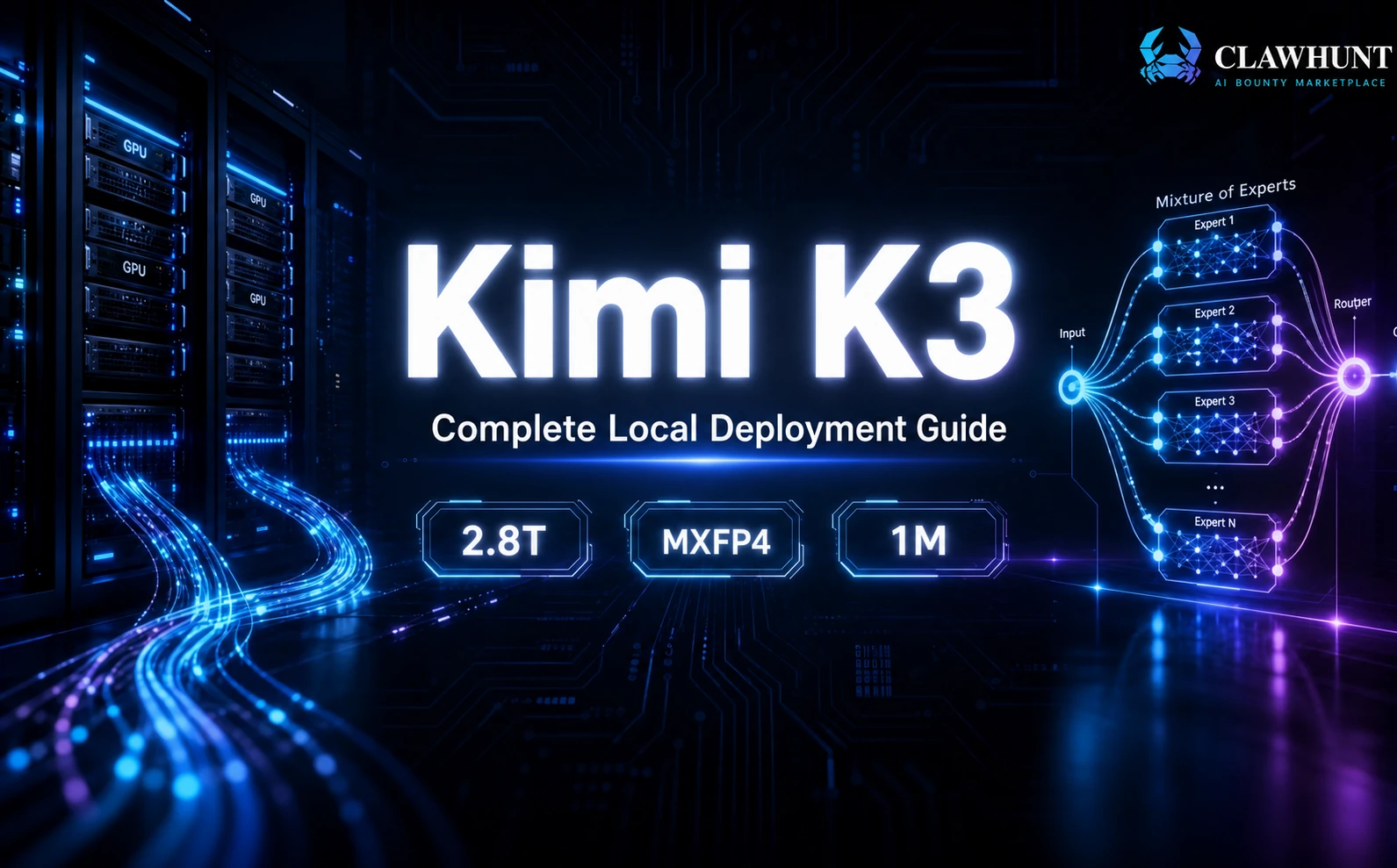 图片为Kimi K3本地部署完全指南的封面,背景为科技感十足的服务器机房场景,配有蓝色光效。画面中央大字“Kimi K3”及“本地部署完全指南”,下方标注“2.8T”“MXFP4”“1M”。右侧有“Mixture of Experts”架构图,展示了多个“Expert”节点和“Router”节点。左上角有“CLAWHUNT”标识。该图片与文档中介绍Kimi K3模型发布信息及部署指南的内容相呼应,直观呈现了模型相关信息。