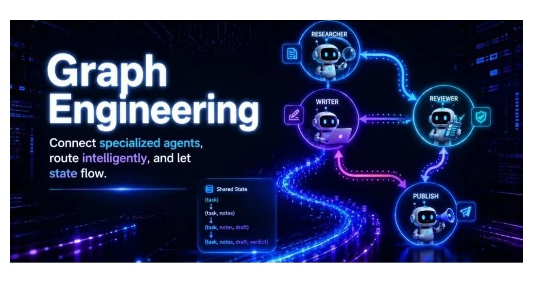 图片展示了Graph Engineering的概念,背景为深色科技风格。左侧大字“Graph Engineering”下方有“Connect specialized agents, route intelligently, and let state flow.”字样。右侧有四个机器人,分别代表RESEARCHER、WRITER、REVIEWER、PUBLISHER,它们通过箭头连接,形成流程。底部有“Shared State”及相关内容说明,展示了任务、笔记、草稿、任务、笔记、草稿、任务、笔记、草稿、任务、笔记、草稿等状态流转。此图直观呈现了图工程中连接专业代理、智能路由及状态流动的流程。