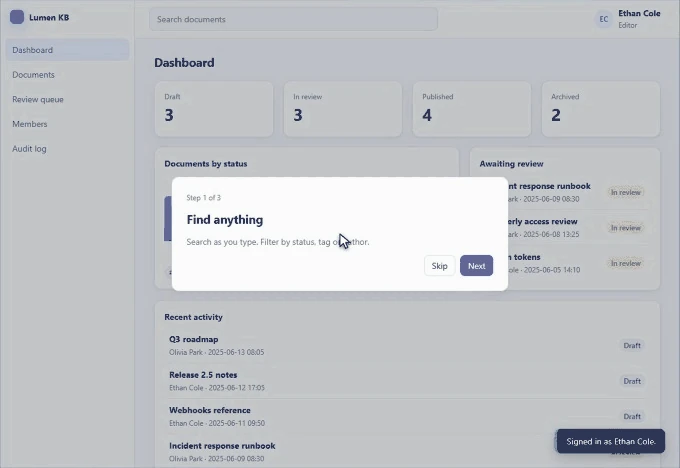 From the demo sign-in page into the knowledge base dashboard
