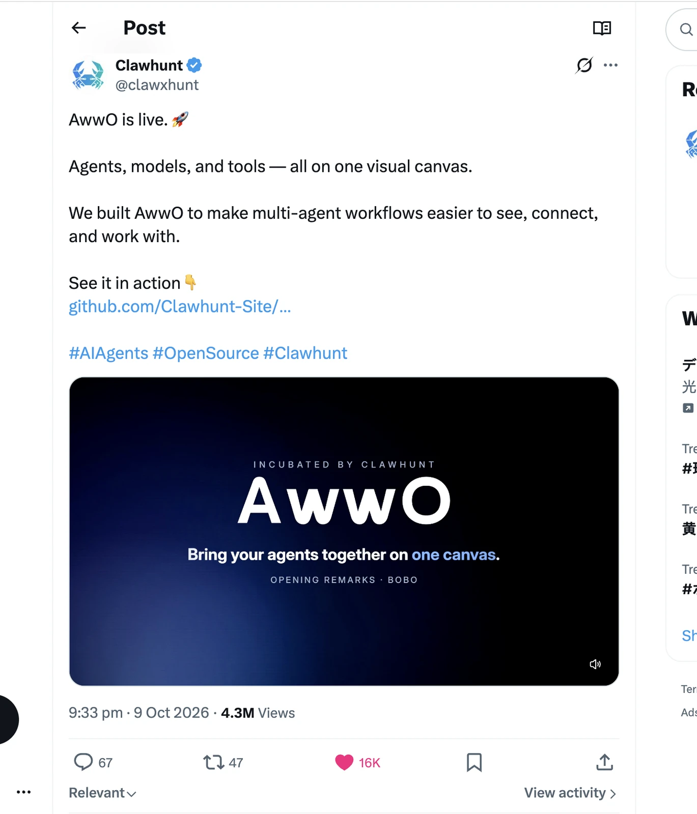 ClawHunt's AwwO launch post on X: AwwO is live, posted on October 9, 2026, showing 4.3M views